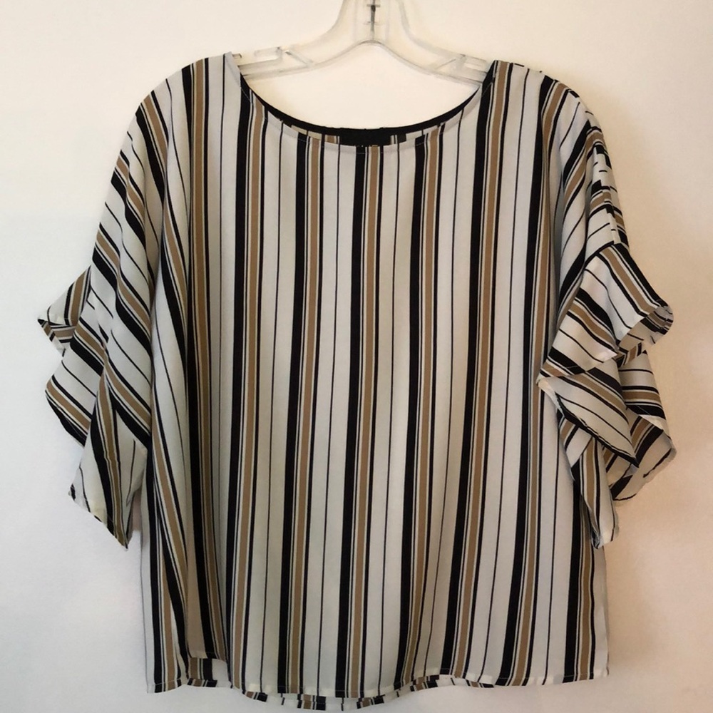 striped blouse with three quarter ruffle sleeves